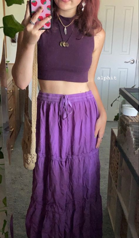 Purple Hippy Aesthetic, Purple Skirt Outfit Summer, Purple Hippie Outfit, Purple Midi Skirt Outfit, Purple Skirt Outfit Aesthetic, Purple Hippie Aesthetic, Purple Maxi Skirt Outfit, Tiered Midi Skirt Outfit, Purple Fairy Outfit