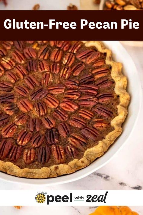 This exceptional gluten-free pecan pie boasts a flaky crust that's gluten-free, filled generously with a luxurious custard, and topped with crunchy pecans. Ideal for holiday celebrations, this recipe is a must-try! Gluten Free Pecan Pie Recipe, Gluten Free Pie Recipes, Side Dishes Gluten Free, Gluten Free Pies Recipes, Dinner Ideas Gluten Free, Gluten Free Pecan Pie, Gluten Free Lunch Ideas, Gluten Free Side Dishes, Gluten Free Pecan