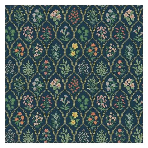 Rifle Paper Co. Hawthorne Navy Multi Wallpaper $110.00 Hawthorne features sprays of assorted flowers standing under delicate arches that create a botanical grid with a vintage feel. This wallpaper is screen printed and comes in 27 inch rolls with a 25.25 inch repeat. Hawthorne Wallpaper, Where To Buy Wallpaper, Dollhouse Rugs, Assorted Flowers, Washable Wallpaper, Delicate Arch, York Wallpaper, Sea Wallpaper, Navy Wallpaper