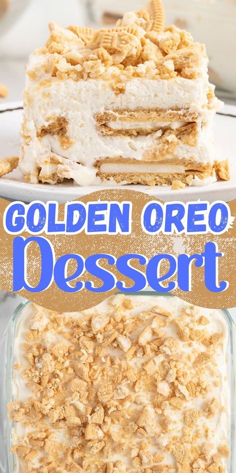 Our Golden Oreo Dessert is quick and easy and made in 5 minutes! Imagine golden Oreo cookie bliss, cool and creamy layers, and a dessert that practically makes itself. Desserts Using Golden Oreos, Golden Oreo Desserts With Pudding, Golden Oreos Desserts, Vanilla Oreo Dessert, Princess Pinky Girl Recipes Desserts, Recipes With Golden Oreos, Golden Oreo Cheesecake Delight, No Bake Golden Oreo Cheesecake, Golden Oreo Cheesecake