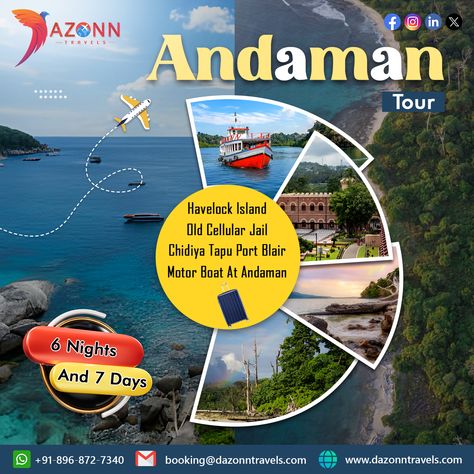 🌴✨ Discover paradise with our Andaman Tour Package! 6 Nights & 7 Days of pristine beaches, crystal-clear waters, and unforgettable adventures. 🏝️🌊 Dive into vibrant marine life, explore lush forests, and relax on stunning shores. Book now for the ultimate tropical getaway! 🌺🛶 #AndamanTour #DazonnTravels #TropicalEscape Andaman Tour, Travel Creative, Travel Poster Design, Tropical Escape, Honeymoon Packages, Tropical Getaways, Crystal Clear Water, Tour Packages, Travel Poster