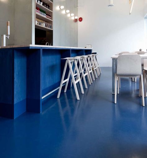 Marine Plywood Flooring, Concrete Floors Design, Blue Painted Wood Floors, Basement Painted Floor Concrete, Painted Interior Concrete Floors, Blue Concrete Floor, Blue Floor Kitchen, Kitchen Floor Colors, Blue Painted Floor