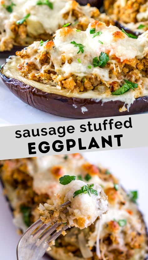 Baked Eggplant Recipes, Eggplant Boats, Sausage Stuffed Acorn Squash, Eggplant Recipes Healthy, Eggplant Stuffed, Eggplant Recipes Easy, Stuffed Acorn Squash, Stuffed Eggplant, Sausage Dishes