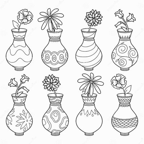 Coloring Book (vases with Flowers), Vector Colorless Set Stock Vector - Illustration of clay, container: 51776906 Pot Drawing Design, Flower Pot Drawing With Colour, Clay Pot Drawing, Flower Pot Design Drawing, Flower Pot Doodle, Flower Pot Sketch, Vase Doodle, Book Vases, Flower Pot Drawing