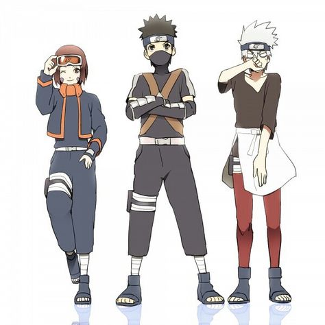 Team Minato, Rin, Kakashi, Obito, change clothes, cute, funny; Naruto Team Minato, Rin Nohara, Funny Naruto Memes, Kakashi And Obito, Naruto Teams, Naruto Images, Fotografi Digital, Kakashi Sensei, Naruto Sasuke Sakura