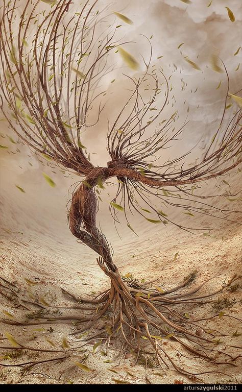 Very expressive. Called "Dream of Flying." Made with free software Blender. Tree People, Blowing In The Wind, Tree Spirit, Arte Fantasy, Tree Art, Mother Earth, Mythical Creatures, Fantasy Creatures, Dark Art