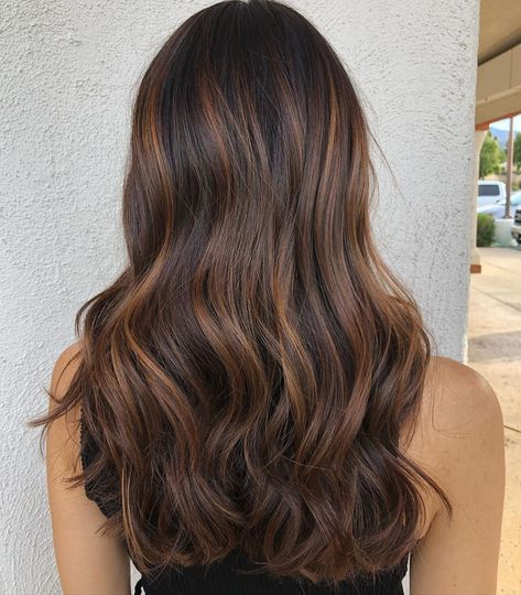 Brown Hair With Gold Tones, Natural Hair Color Balayage, Dimensional Brunette Lowlights, Lightening Brunette Hair, Full Dimensional Highlights Brunette, Low Lights For Brunette Hair, Low Lights On Brunette, Brunette Low Lights Balayage, Dark Brown Hair With Gold Highlights