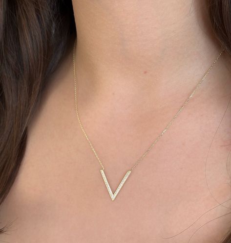 V Shaped Necklace, Handmade Leather Bag Pattern, Gold Geometric Necklace, V Pendant, V Letter, Leather Bag Pattern, Necklace Stone, Solid Gold Necklace, Necklace Wedding