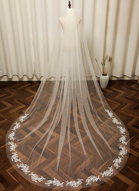 One-tier Cut Edge Cathedral Bridal Veils With Applique/Faux Pearl (006254010) Black Wedding Veil, Cathedral Length Wedding Veil, Lace Cathedral Veil, Elegant Veils, Ivory Bride, Cathedral Bridal Veils, Veil Length, Cathedral Wedding Veils, Cathedral Length Veil