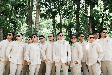 Filipino Groomsmen Attire, Groomsmen Barong Tagalog, Modern Barong Tagalog Men Outfit Wedding, Filipiniana Wedding Gown The Bride, Beach Wedding Barong, Barong Groomsmen Filipino Wedding, Modern Groomsmen Attire, Barong Wedding Groom, Barong Wedding Entourage