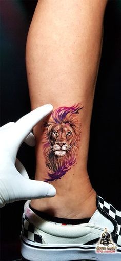 Watercolor Lion Tattoo Women, Lion Tattoo For Women Color, Mean Lion Tattoo, Lion Tattoo Watercolor, Lions Tattoo For Women, Small Lion Head Tattoo, Lion Lioness Tattoo Couple, Elephant Lion Tattoo, Mini Lion Tattoo For Women