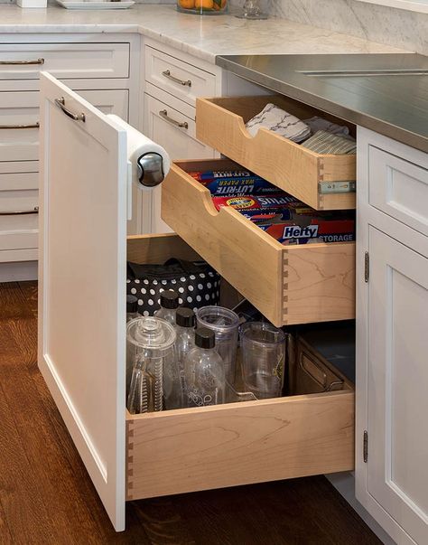 Hidden Paper Towel Holder Ideas, Pull Out Cabinet Organizer, Hidden Paper Towel Holder, Kitchen Bar Storage, Falmouth Maine, Kitchen Wardrobe Design, Kitchen Layout Plans, Small Kitchen Layouts, Kitchen Cupboard Designs