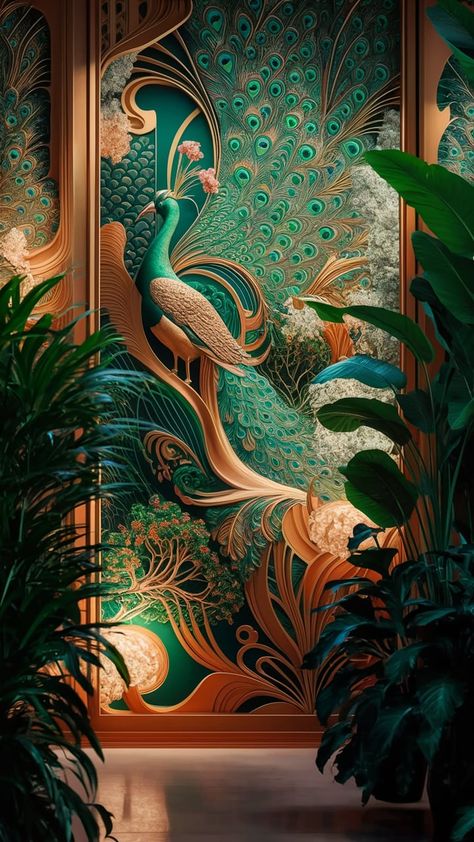 Transform your space with our vibrant peacock wallpaper, featuring intricate nature-inspired patterns in iridescent blues, emerald greens, and deep golds. This Art Nouveau and Art Deco fusion creates a stunning backdrop, complemented by lush indoor plants and soft ambient lighting. Elevate your interior with a touch of elegance and a serene garden ambiance. Perfect for home decor enthusiasts! #WallpaperDesign #InteriorDecor #ArtNouveau #ArtDeco #HomeStyling The Peacock, Peacock Wallpaper, Ambient Lighting, Designer Wallpaper, Indoor Plants, Art Nouveau, Nature Inspiration, Abstract Painting, Interior Decorating