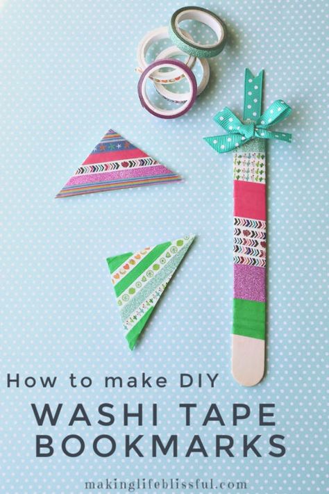 DIY Washi Tape Bookmarks | Making Life Blissful Washi Tape Bookmarks Diy, Cross Bookmarks Paper, Washi Tape Bookmarks, Bookmark Crafts For Kids, Stick Bookmarks, Tape Bookmarks, Bookmarks Diy Kids, Cheap Kids Crafts, Diy Washi Tape