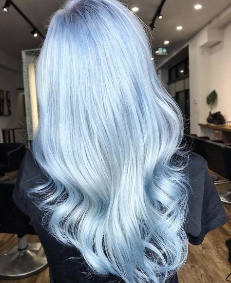 Silver Blue Hair Ombre, Icy Blue Hair Color, Icy Silver Blue Hair, Edgy Hairdos, Platinum Blue Hair, Frost Blue Hair, Long Light Blue Hair, Periwinkle Blue Hair, Silvery Blue Hair