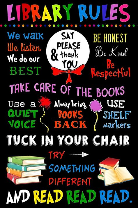 Library Chart Ideas, Welcome Back To School Library Displays, Library Rules For Kids, Elementary School Library Decor, Library Back To School Displays, Library Ideas For School, Back To School Library Displays, Library Decoration Ideas, Library Decorating Ideas Elementary