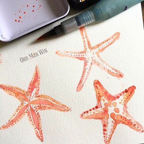 Draw Starfish, Starfish Quotes, Starfish Drawing, Ohn Mar Win, Starfish Painting, Summer Painting, Beach Watercolor, Star Fish, Beach Quotes