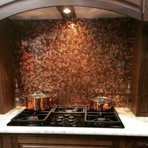 Backsplash Ideas Peel And Stick, Half Baths Ideas, Penny Wall, Gray Subway Tile Backsplash, Penny Backsplash, Chevron Backsplash, Cargo Camper, Copper Kitchen Backsplash, Penny Art