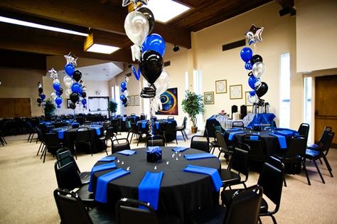 Bar Mitzvah Kiddush Lunch, Blue, Black & Silver {Planning: Party Perfect, Photographer: Jennifer Werneth} - mazelmoments.com Police Academy Graduation Party, Police Retirement Party, Police Graduation, Police Academy Graduation, Cheer Banquet, Football Banquet, Police Retirement, Police Party, Bar Mitzvah Party