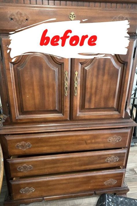 How To Paint An Old Dresser, Farmhouse Armoire Makeover, Refinishing Antique Furniture, Refinish Armoire Ideas, Vintage Armoire Makeover, Repurposed Chest Of Drawers Diy Ideas, Repurpose Armoire Ideas, Furniture Makeover Before And After, Painting Wardrobes Before And After