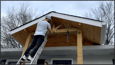 How to Build a Gable Porch Roof Overhang on an Existing House (Major DIY Curb Appeal Upgrade) - AT Improvements Small Overhang Front Door, How To Tie In A Porch Roof, Porch Addition Before And After, Adding A Roof To An Existing Deck, Add Porch To House Front Entry, Overhang Roof Ideas, Front Porch Awning Ideas, Shed Roof Porch, Roof Addition Ideas