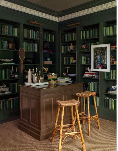 Home Library Bar Room, Library Wall Color Ideas, Tv Surrounded By Bookshelves, Craftsman Built In Bookcase, Room Library Ideas, Library Bar, Library Table, Book Bar, Cottage Renovation