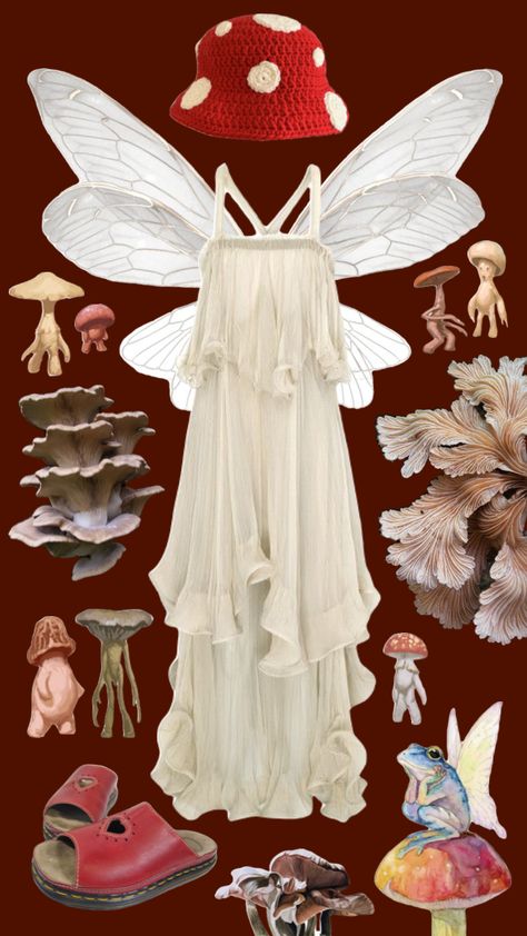 #outfitinspo #outfit #fairygrunge #fairycore #mushrooms #mushroomfairy #mushroompeople Mushroom Witch Outfit, Mushroom Fairy Halloween Costume, Ren Faire Mushroom Fairy, Halloween Costume Mushroom, Mushroom Fairy Outfit, Mushrooms Costume, Fairy Cowgirl, Mushroom Costume, Barbie Fairytopia