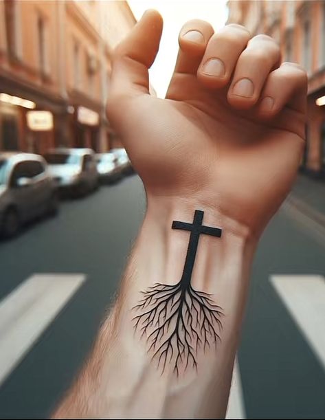 Pretty Hand Tattoos For Men, Mens Tatoos Hand, Tattoo Ideas For Men Cross Arm, Easy Tats To Draw, Calvary Tattoo Crosses, Jesus Tattoos Men, Connect Tattoo Ideas, Cross With Roots Tattoo, Tattoos For Son For Men