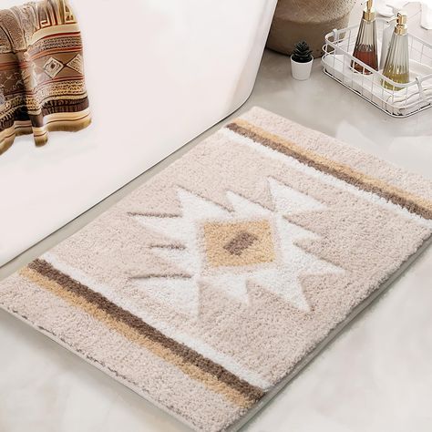 PRICES MAY VARY. Boho Bathroom Rugs: The well-designed bathroom rug features a classic modern geometric pattern. Beautiful western decor design makes the floor mat look minimalist, making your room elegant and full of natural vitality. It’s ideal home decoration. Non Slip Backing: With TPR rubber backing that prevent shifting and skidding, the geometric bath rug is more safe and skid resistance. Stable backing is a good choice for families with the elderly. Please put the bathroom rug on a DRY A Western Home Decor Ranch Style Bathroom, Western Decor Bathroom, Boho Western Bathroom, Southwestern Bathroom, Farmhouse Bathroom Rugs, Boho Bathroom Rugs, Black Bathroom Rug, Boho Bathroom Rug, Western Bathroom Decor