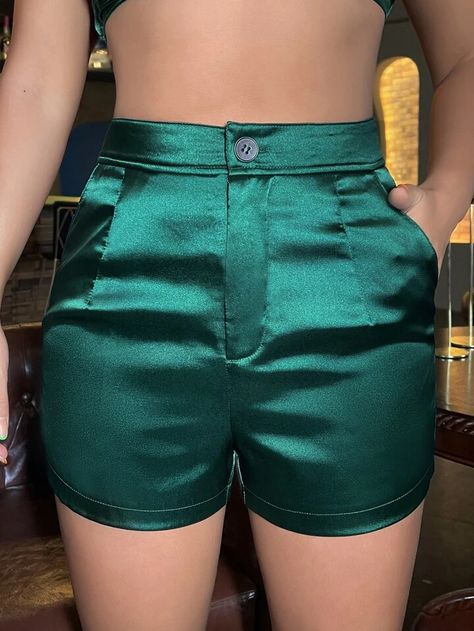 SHEIN SXY High Waist Slant Pockets Satin Shorts | SHEIN EUQS Satin Shorts Outfit, Short Satin, Summer Shorts Outfits, Short Women Fashion, Gold Shorts, Silk Bottoms, Satin Shorts, Women Shorts, Silk Shorts