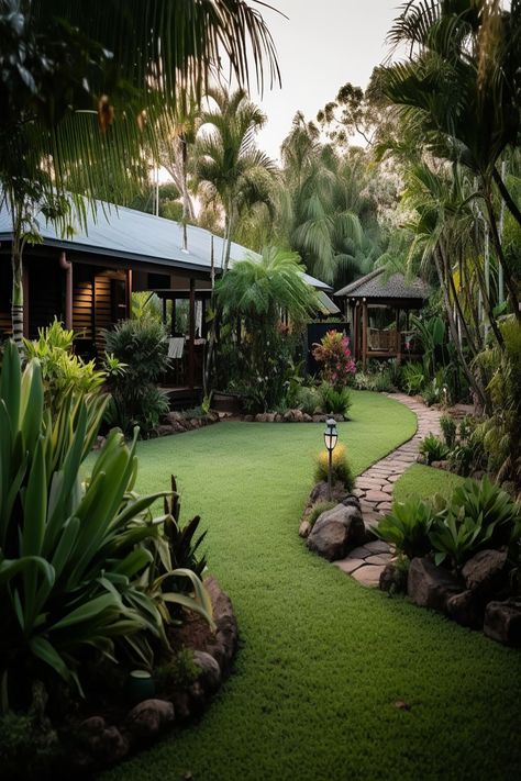 Backyard Hidden Garden, Tropical Backyard Landscaping, Tropical Landscape Design, Tropical Garden Design, Tropical Backyard, Seni Dan Kraf, Backyard Garden Design, Dream Apartment, Tropical Landscaping