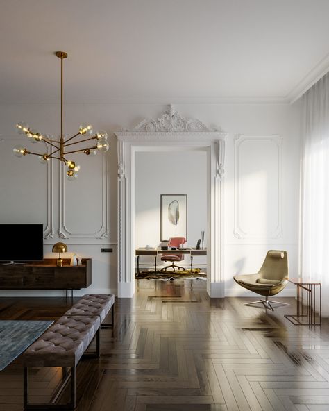 Living room :: Behance Ceiling Ornaments, Parisian Apartment Aesthetic, Parisian Living Room, Minimal Homes, Parisian Interior, Aesthetic Living Room, Home Theater Rooms, Classic Architecture, Apartment Style