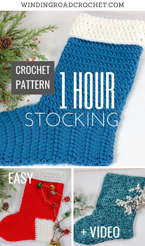 One Hour stocking free crochet pattern and video tutorial. You will be so surprised how fast you can crochet a Christmas stocking. Easy Crochet Stocking, Crochet Stocking Pattern Free, Crochet Stocking Pattern, Easy Christmas Stockings, Christmas Stocking Pattern Free, Stocking Pattern Free, Winding Road Crochet, Easy Beginner Crochet Patterns, Crochet Christmas Stocking Pattern