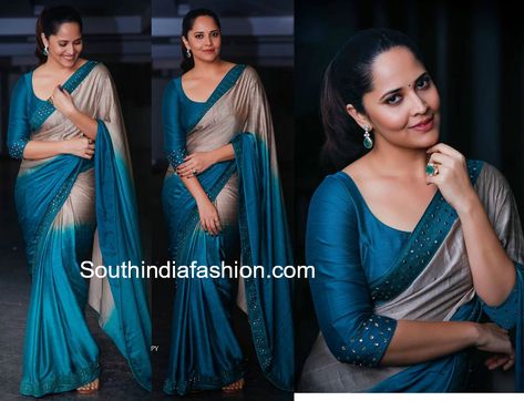 Anasuya’s Saree Look Teal Blue Saree Contrast Blouse, Teal Blue Combination, Blue Saree Contrast Blouse, Teal Blue Saree, Saree Styling, Anasuya Bharadwaj, Blue Combination, Half Saree Lehenga, Three Quarter Sleeve Blouses