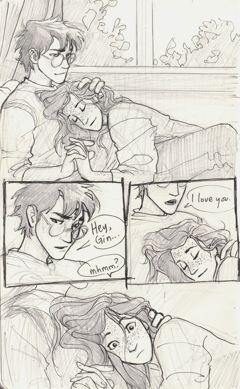 Imagine Harry telling Ginny he loves her for the first time and he's blushing and stroking her hair...these two were my first OTP I just love them so. Harry and Ginny forever. Not Harry and Hermione Fanart Harry Potter, Fanfiction Recommendations, Comic Sketch, Citate Harry Potter, Art Harry Potter, Glume Harry Potter, Harry And Ginny, Harry Potter Ships, Potter Art