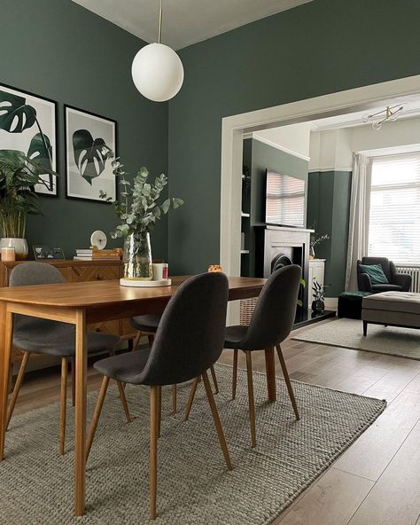 Green Dining Room Walls, Cosy Dining Room, Dining Room Colour Schemes, Green Dining Room, Living Room Dining Room Combo, Dinning Room Design, Dining Room Colors, Rooms Ideas, Cosy Living Room