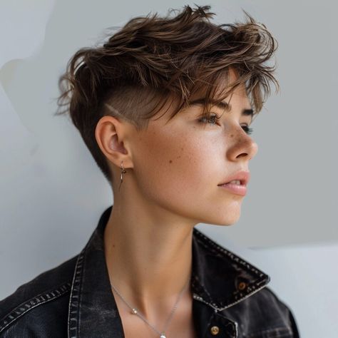 Womens Short Mullet Hairstyles, Short Mowhak Hairstyle Woman, Short Haircuts With Undercut, Short Haircuts Androgynous, Nonbinary Short Hair, Short Lesbian Haircut, Big Cheeks Haircut, Short Hair Shaved Sides Women, Nb Haircut