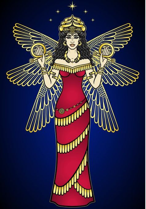 Inanna - Prominent And Highly Honored Mesopotamian Goddess - Ancient Pages Drawing Goddess, Wings Character, Ishtar Goddess, Crown Drawing, Goddess Names, Ancient Sumerian, Drawing Beautiful, Ancient Goddesses, Dharma Wheel