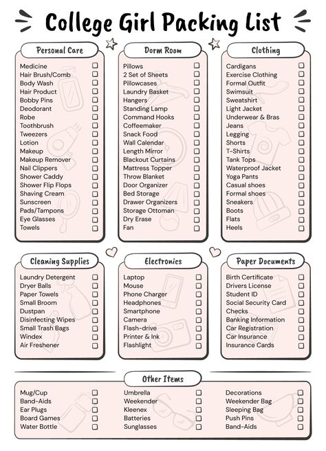 College Dorm List, Dorm Packing, College Dorm Checklist, Packing List Template, Dorm Checklist, College Dorm Room Inspiration, College Packing Lists, Room Checklist, College Checklist