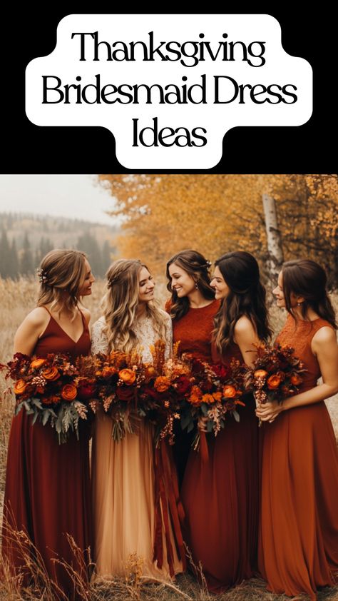 Thanksgiving bridesmaid dress color palette featuring rust tones and burgundy dresses for fall weddings. November Wedding Bridesmaids Dresses, Rustic Fall Bridesmaid Dresses, Fall Dress Colors, Burnt Orange Wedding Color Palette, Fall Wedding Bridesmaid Dresses Autumn, Pumpkin Bridesmaid Dresses, Fall Themed Wedding Colors, Autumn Wedding Bridesmaids Dresses, Fall Colored Bridesmaid Dresses