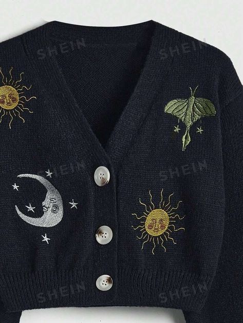 ROMWE Hippie Plus Size Embroidered Stars & Moon Open Front Cardigan Moon Cardigan, Celestial Embroidery, Embroidery Cardigan, Embroidered Stars, Moon Pattern, Stars Moon, Plus Size Cardigans, Bishop Sleeve, Inspiration Mode