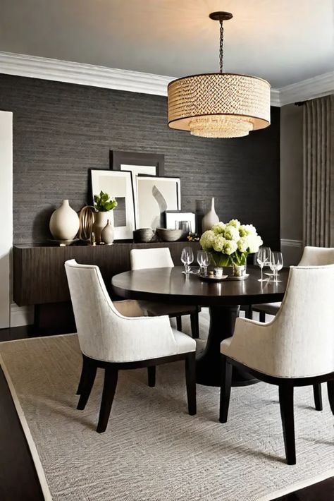 Dining room with balanced textures of grasscloth wallpaper and smooth surfaces Dining Room Inspiration Transitional, Textured Wallpaper Dining Room, Dinning Room Decor Ideas Modern Luxury, Accent Wall Ideas Dining Room, Modern Dinning Room Ideas, Exploring Wallpaper, Accent Wall In Dining Room, Wallpaper Dining Room Ideas, Grasscloth Wallpaper Dining Room