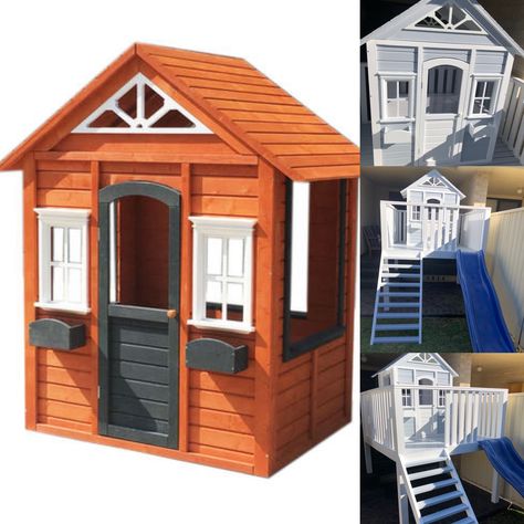 Cubby house from Kmart and extension materials all from Bunnings. Kmart Cubby House Hack, Cubby House Exterior Colours, Pink Cubby House, Bunnings Cubby House Hack, 2 Story Cubby House, Bunnings Cubby House, Cubby House, Backyard Playground, Cubbies