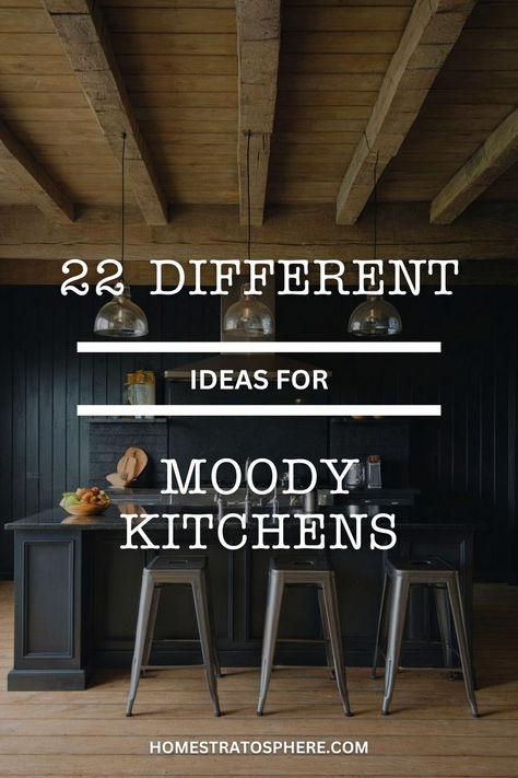 A moody kitchen design showcasing black cabinetry, an elegant wood-beamed ceiling, and a cozy rustic vibe. Moody Cottage Decor, Light Academia Kitchen Aesthetic, Dark Ceiling Kitchen, Moody Vintage Kitchen, Small Moody Kitchen, Light Academia Kitchen, Moody Kitchen Ideas, Moody Modern Kitchen, Dark And Moody Kitchen