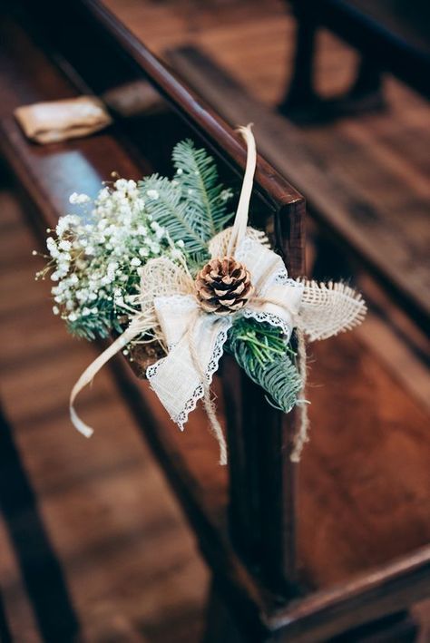 Winter Wedding Church Decorations, Winter Church Wedding, Church Wedding Decor, Wedding Pew Decorations, Pew Markers, Wedding Church Decor, Winter Wedding Planning, Pew Decorations, Wedding Pews