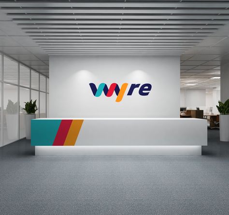 Wyre Brand Identity Design on Behance Office Reception Desk Designs, School Reception, Mobile Shop Design, Office Reception Design, Office Wall Design, Office Logo, Office Signage, Reception Desk Design, Office Lobby