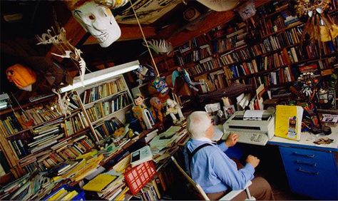 Ray Bradbury's eclectic office is filled with things that brought him joy and inspired him as he wrote his many short stories and novels on his typewriter. Writer's Office, Writers Desk, Writing Retreat, Author Gifts, Writing Offices, Writing Area, Room Of One's Own, Personal Library, Ray Bradbury