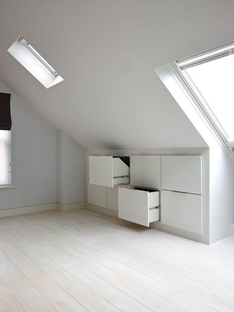 Loft Conversion Bedroom, Attic Bedroom Storage, Eaves Storage, Greenwich London, Attic Bedroom Designs, Loft Storage, Attic Conversion, Attic Design, Attic Apartment