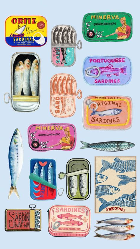 Sardines Recipe Drawing, Homemade Stickers, Artist Wall, Art Prompts, Food Illustrations, Pottery Painting, Box Art, Wall Collage, Graphic Design Illustration