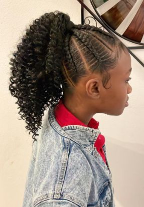 Coils & Stitch Braids Weave Ponytail Braided Ponytail Kids, Stitch Braided Ponytail, Curly Weave Ponytail, Weave Ponytail Styles, Braids Weave, Blonde Weave, Girl Pony, Curly Weave, Kids Braids